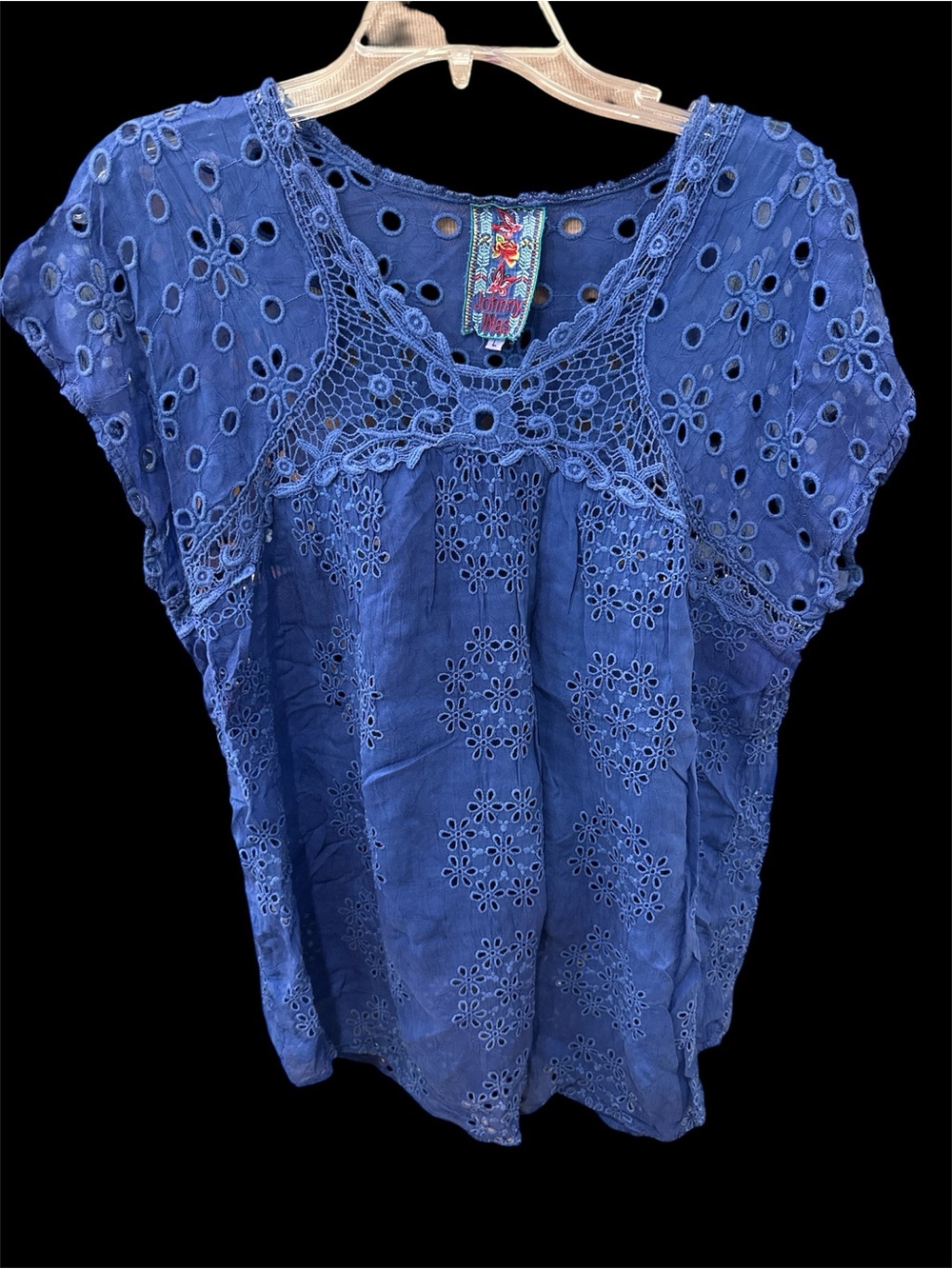 Johnny Was Royal Blue Eyelet Crochet Yoke Blouse Sz L